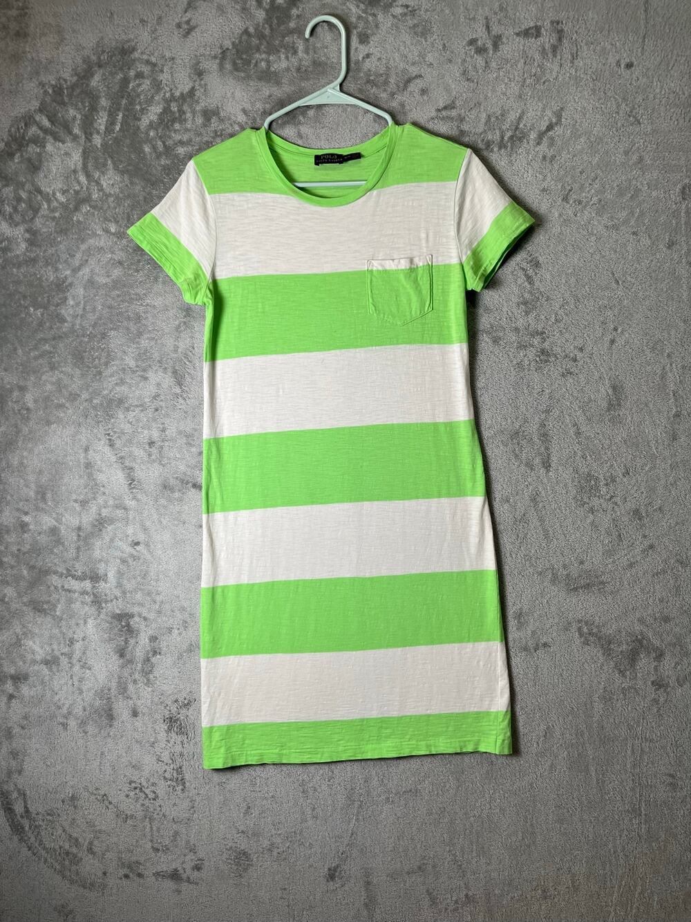 Polo Ralph Lauren Stripe T Shirt Dress Neon‎ Green White Pocket Women's Medium